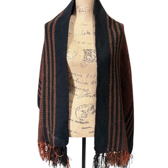 Unbranded Accessories - Unbranded Womens Shawl Wrap Scarf Black Rust Herringbone Stripe Fringe